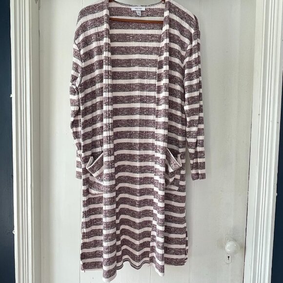 Nine West Womens Small Open Long Cardigan Duster Striped Gray Burgundy EUC - Picture 1 of 5